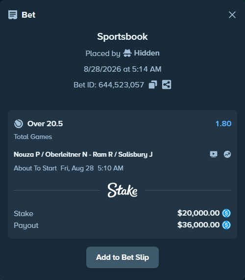 Bet slip: Nouza P / Oberleitner N - Ram R / Salisbury J, $20,000.00 stake at 1.80 odds, placed by Hidden