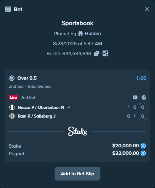 Bet slip: Nouza P / Oberleitner N - Ram R / Salisbury J, $20,000.00 stake at 1.60 odds, placed by Hidden