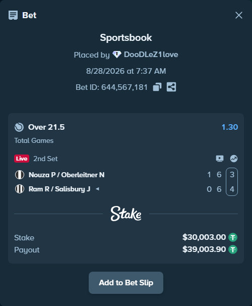 Bet slip: Nouza P / Oberleitner N - Ram R / Salisbury J, $30,000.00 stake at 1.30 odds, placed by DooDLeZ1love