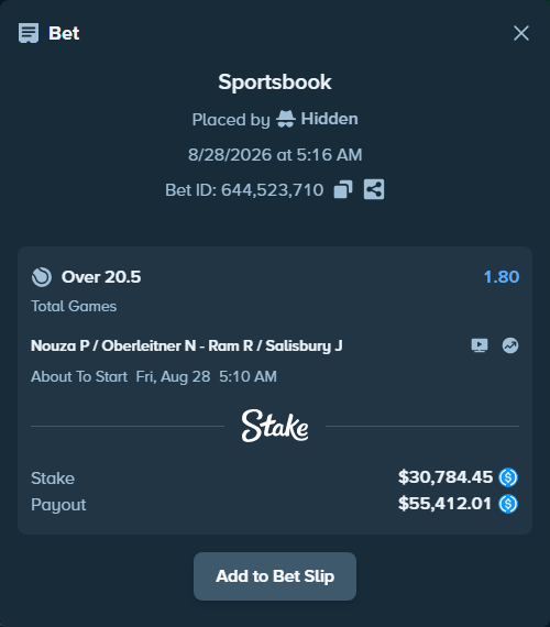 Bet slip: Nouza P / Oberleitner N - Ram R / Salisbury J, $30,784.45 stake at 1.80 odds, placed by Hidden