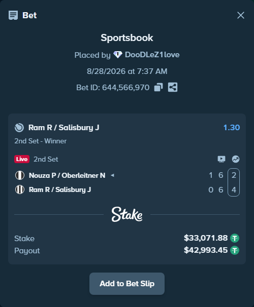 Bet slip: Nouza P / Oberleitner N - Ram R / Salisbury J, $33,068.57 stake at 1.30 odds, placed by DooDLeZ1love