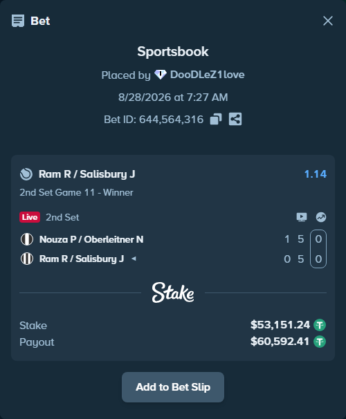 Bet slip: Nouza P / Oberleitner N - Ram R / Salisbury J, $53,145.92 stake at 1.14 odds, placed by DooDLeZ1love