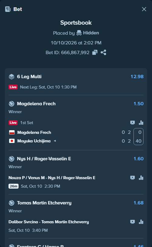 Bet slip: Nouza P / Venus M - Nys H / Roger-Vasselin E, $10,000.00 stake at 1.60 odds, placed by Hidden