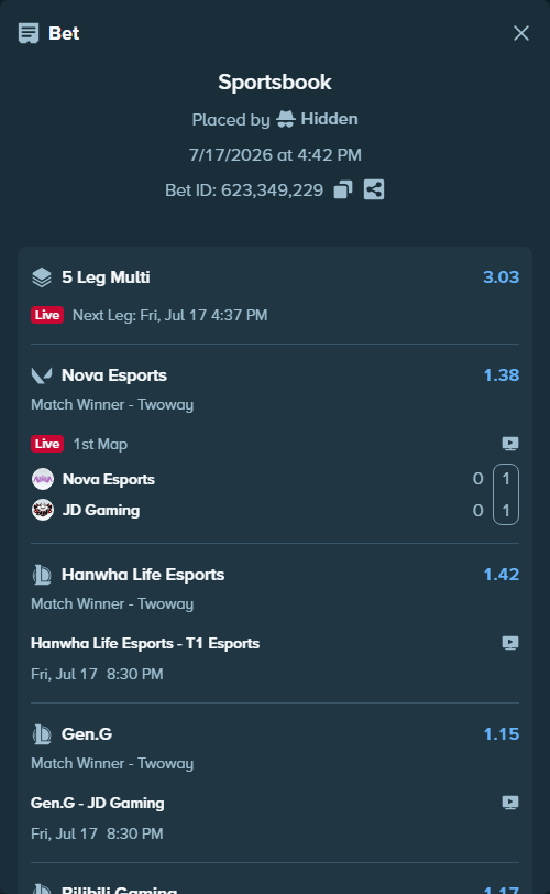 Bet slip: Nova Esports - JD Gaming, $80,080.00 stake at 1.38 odds, placed by Hidden