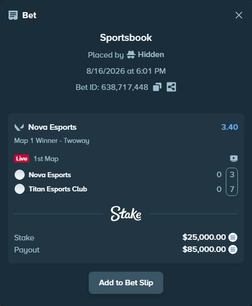 Bet slip: Nova Esports - Titan Esports Club, $24,997.36 stake at 3.40 odds, placed by Hidden