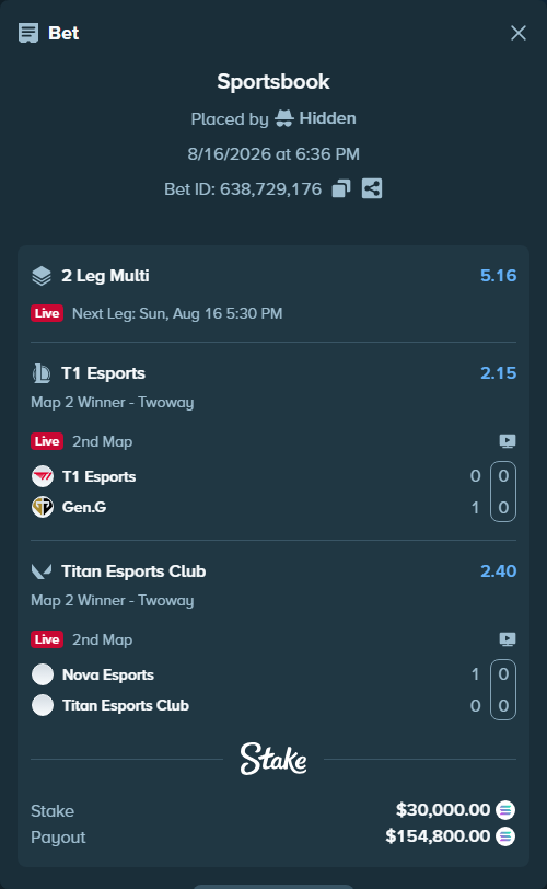 Bet slip: Nova Esports - Titan Esports Club, $29,925.18 stake at 2.40 odds, placed by Hidden