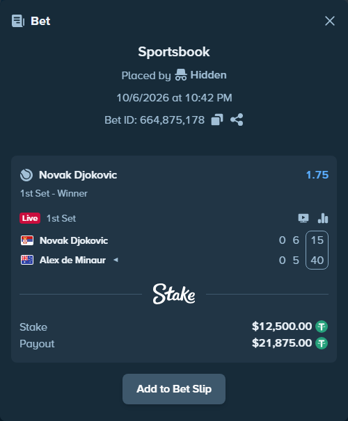 Bet slip: Novak Djokovic - Alex de Minaur, $12,500.00 stake at 1.75 odds, placed by Hidden