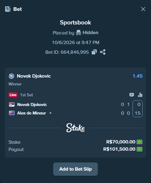 Bet slip: Novak Djokovic - Alex de Minaur, $14,000.00 stake at 1.45 odds, placed by Hidden