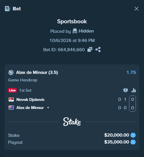 Bet slip: Novak Djokovic - Alex de Minaur, $20,000.00 stake at 1.75 odds, placed by Hidden