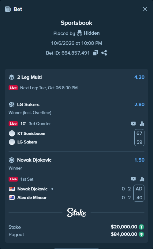 Bet slip: Novak Djokovic - Alex de Minaur, $20,000.00 stake at 1.50 odds, placed by Hidden