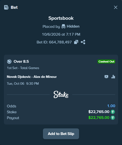 Bet slip: Novak Djokovic - Alex de Minaur, $22,765.00 stake at 1.21 odds, placed by hunatimago