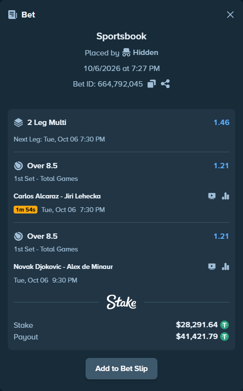 Bet slip: Novak Djokovic - Alex de Minaur, $28,291.64 stake at 1.21 odds, placed by GhostInnaRL