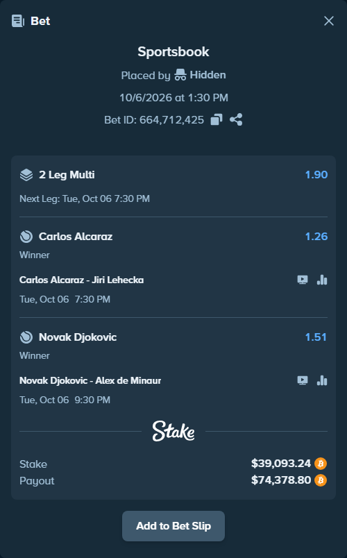 Bet slip: Novak Djokovic - Alex de Minaur, $38,298.89 stake at 1.51 odds, placed by Hidden