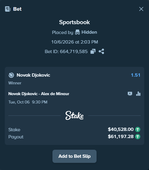 Bet slip: Novak Djokovic - Alex de Minaur, $40,528.00 stake at 1.51 odds, placed by Hidden