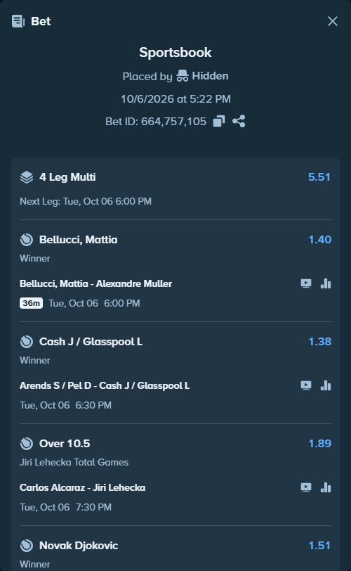 Bet slip: Novak Djokovic - Alex de Minaur, $50,000.00 stake at 1.51 odds, placed by Hidden