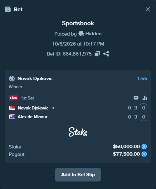 Bet slip: Novak Djokovic - Alex de Minaur, $50,000.00 stake at 1.55 odds, placed by Hidden
