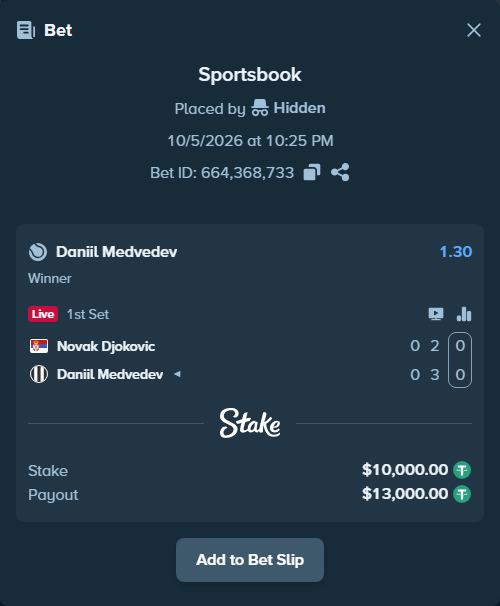 Bet slip: Novak Djokovic - Daniil Medvedev, $10,000.00 stake at 1.30 odds, placed by Kishnoalmai