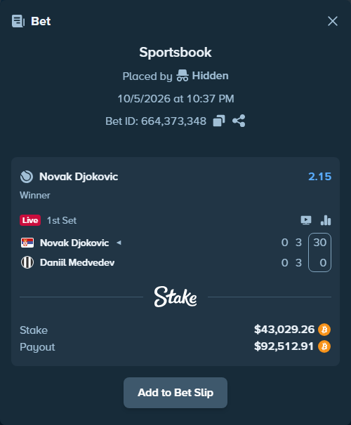 Bet slip: Novak Djokovic - Daniil Medvedev, $42,828.00 stake at 2.15 odds, placed by Hidden