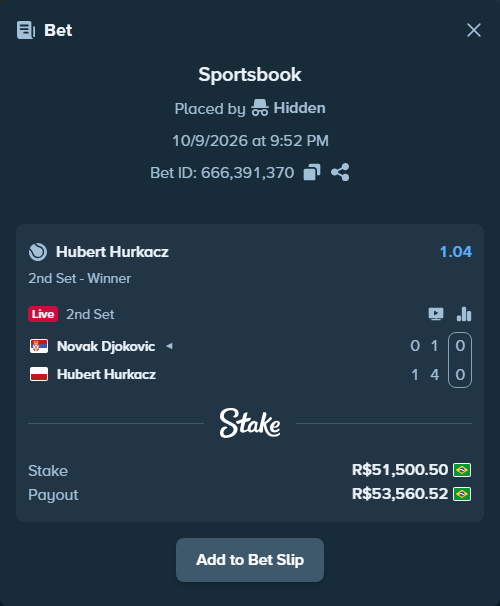 Bet slip: Novak Djokovic - Hubert Hurkacz, $10,300.10 stake at 1.04 odds, placed by DOUGLASR19