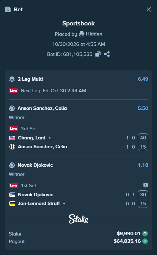 Bet slip: Novak Djokovic - Jan-Lennard Struff, $10,000.00 stake at 1.18 odds, placed by Hidden