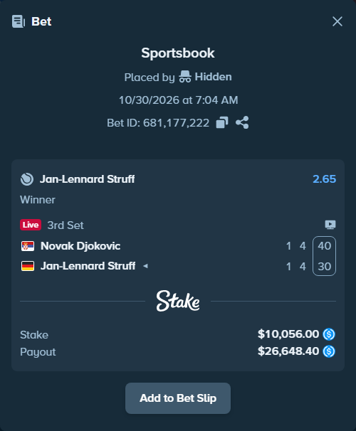 Bet slip: Novak Djokovic - Jan-Lennard Struff, $10,056.00 stake at 2.65 odds, placed by ThebigJ77
