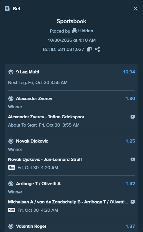 Bet slip: Novak Djokovic - Jan-Lennard Struff, $20,000.00 stake at 1.25 odds, placed by Hidden