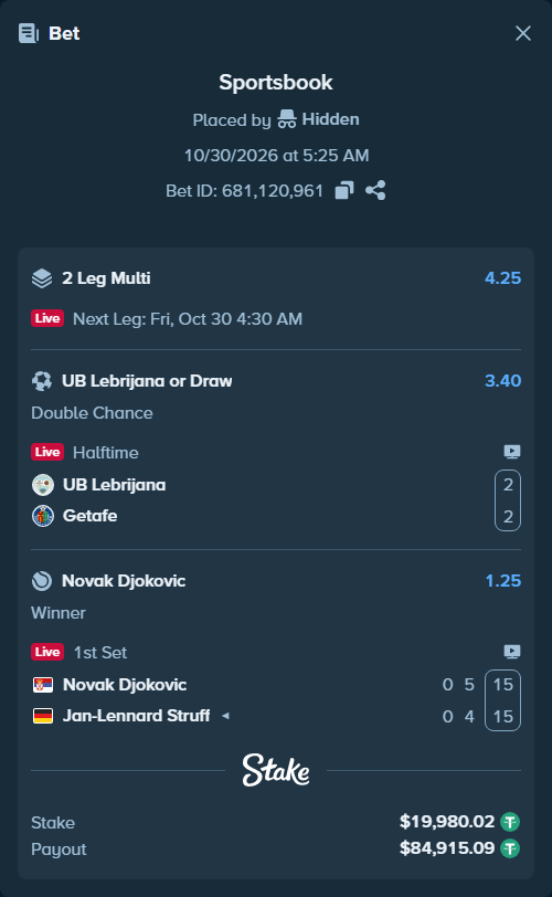 Bet slip: Novak Djokovic - Jan-Lennard Struff, $20,000.00 stake at 1.25 odds, placed by Hidden