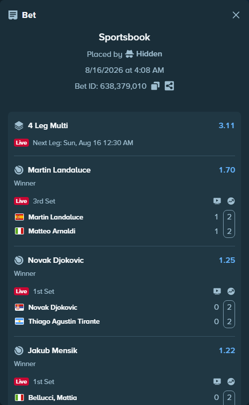 Bet slip: Novak Djokovic - Thiago Agustin Tirante, $10,000.00 stake at 1.25 odds, placed by Hidden