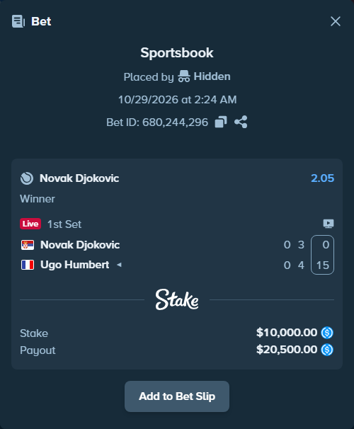 Bet slip: Novak Djokovic - Ugo Humbert, $10,000.00 stake at 2.05 odds, placed by Hidden