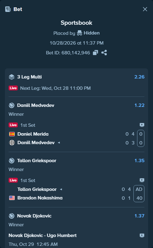Bet slip: Novak Djokovic - Ugo Humbert, $19,731.00 stake at 1.37 odds, placed by Hidden