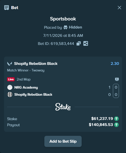 Bet slip: NRG Academy - Shopify Rebellion Black, $61,298.42 stake at 2.30 odds, placed by Hidden