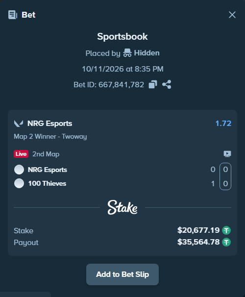 Bet slip: NRG Esports - 100 Thieves, $20,697.87 stake at 1.72 odds, placed by Hidden