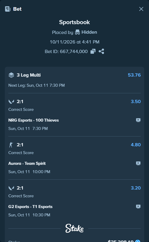 Bet slip: NRG Esports - 100 Thieves, $25,308.19 stake at 3.50 odds, placed by Hidden