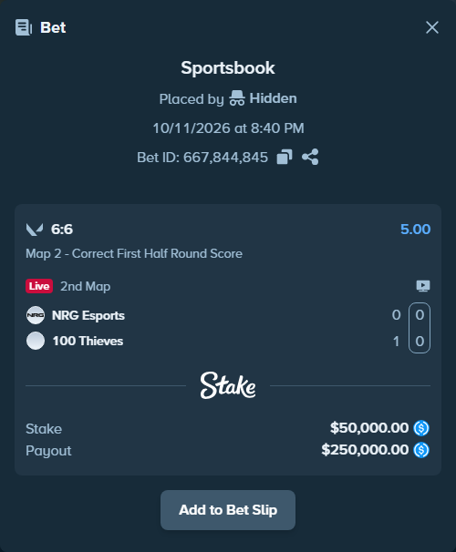 Bet slip: NRG Esports - 100 Thieves, $50,000.00 stake at 5.00 odds, placed by Hidden