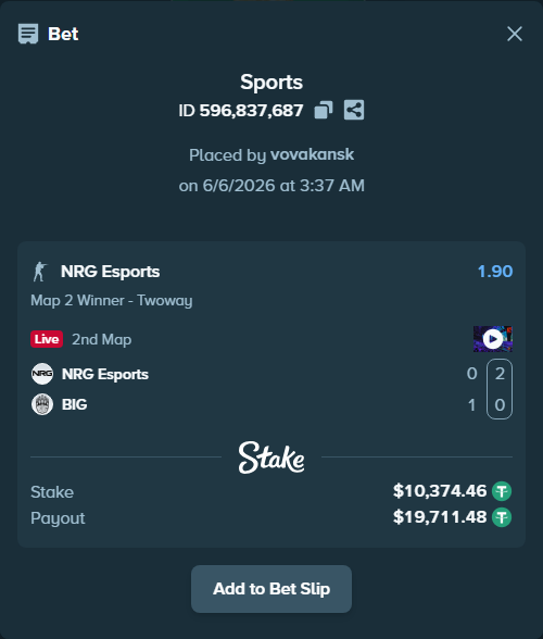Bet slip: NRG Esports - BIG, $10,374.46 stake at 1.90 odds, placed by vovakansk