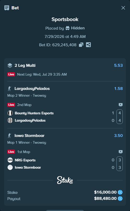 Bet slip: NRG Esports - Iowa Stormboar, $16,000.00 stake at 3.50 odds, placed by Hidden