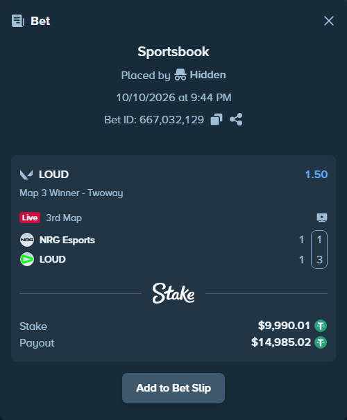 Bet slip: NRG Esports - LOUD, $10,000.00 stake at 1.50 odds, placed by Hidden