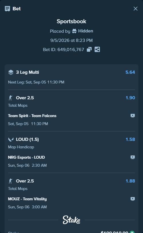 Bet slip: NRG Esports - LOUD, $100,000.00 stake at 1.58 odds, placed by Hidden