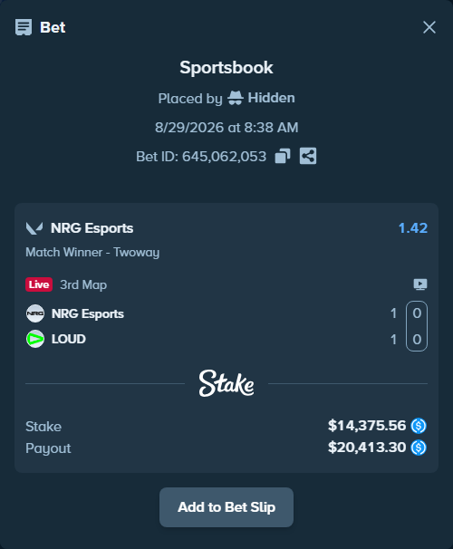 Bet slip: NRG Esports - LOUD, $14,374.12 stake at 1.42 odds, placed by Hidden