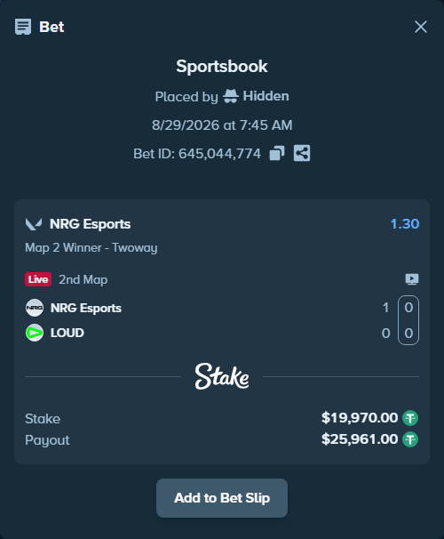 Bet slip: NRG Esports - LOUD, $19,970.00 stake at 1.30 odds, placed by Hidden