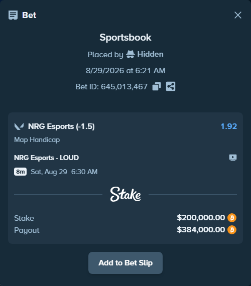 Bet slip: NRG Esports - LOUD, $200,627.05 stake at 1.92 odds, placed by Hidden