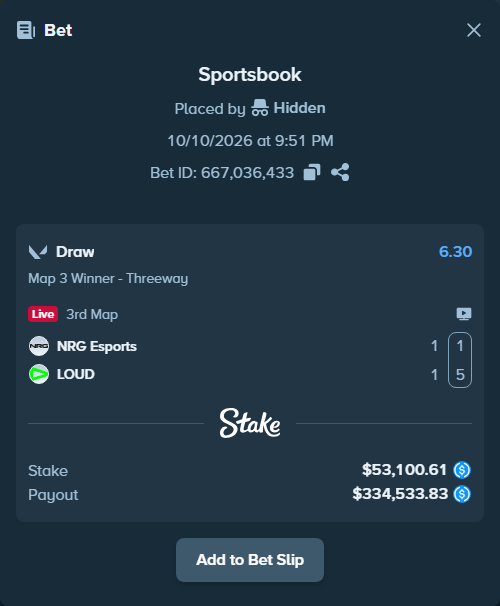 Bet slip: NRG Esports - LOUD, $53,100.61 stake at 6.30 odds, placed by Hidden