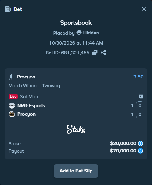 Bet slip: NRG Esports - Procyon, $20,000.00 stake at 3.50 odds, placed by Hidden