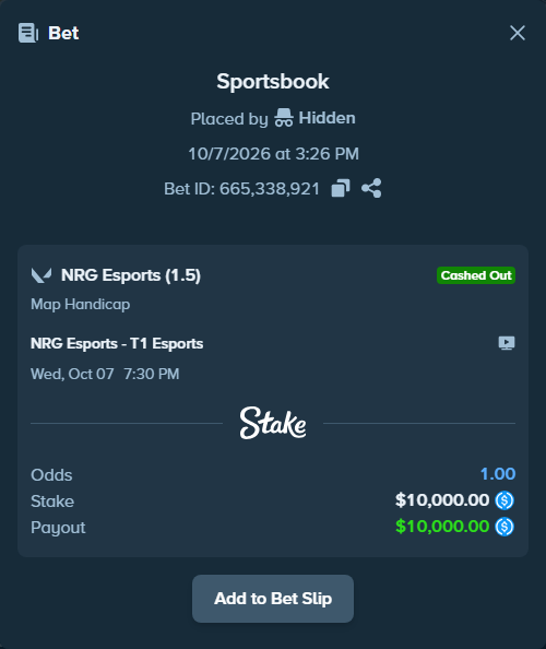 Bet slip: NRG Esports - T1 Esports, $10,000.00 stake at 1.08 odds, placed by sjkn1010