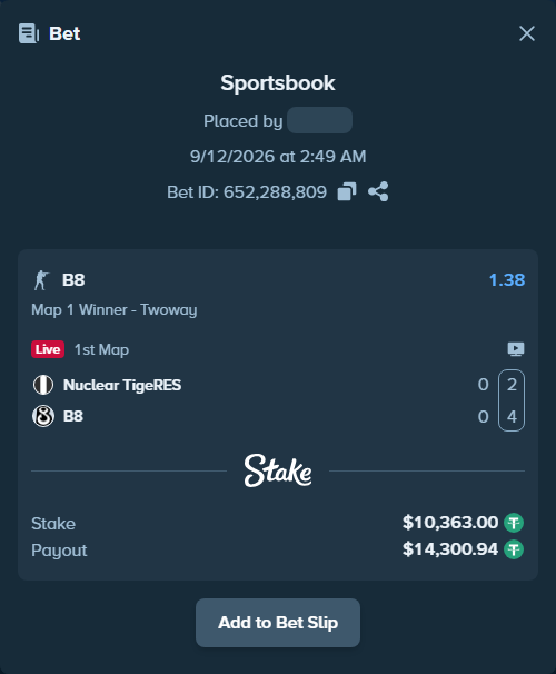 Bet slip: Nuclear TigeRES - B8, $10,363.00 stake at 1.38 odds, placed by saszakoncza
