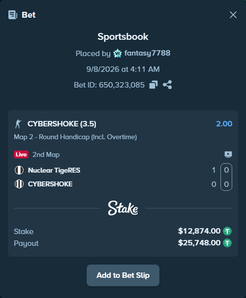 Bet slip: Nuclear TigeRES - CYBERSHOKE, $12,874.00 stake at 2.00 odds, placed by fantasy7788