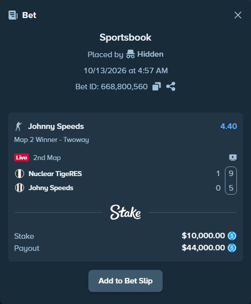 Bet slip: Nuclear TigeRES - Johnny Speeds, $10,000.00 stake at 4.40 odds, placed by Hidden