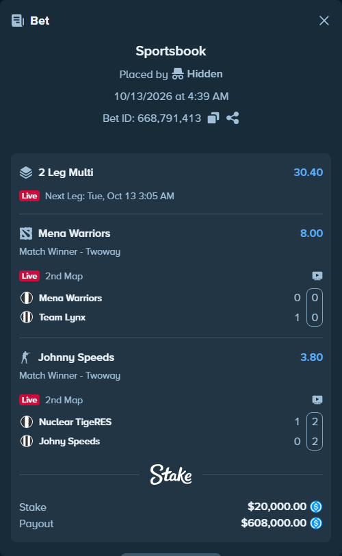 Bet slip: Nuclear TigeRES - Johnny Speeds, $20,000.00 stake at 3.80 odds, placed by Hidden