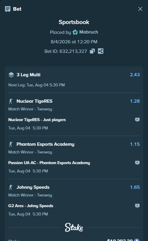 Bet slip: Nuclear TigeRES - Just Players, $10,488.50 stake at 1.28 odds, placed by Mabruch