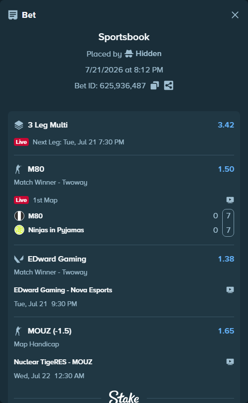 Bet slip: Nuclear TigeRES - MOUZ, $38,694.34 stake at 1.65 odds, placed by Hidden